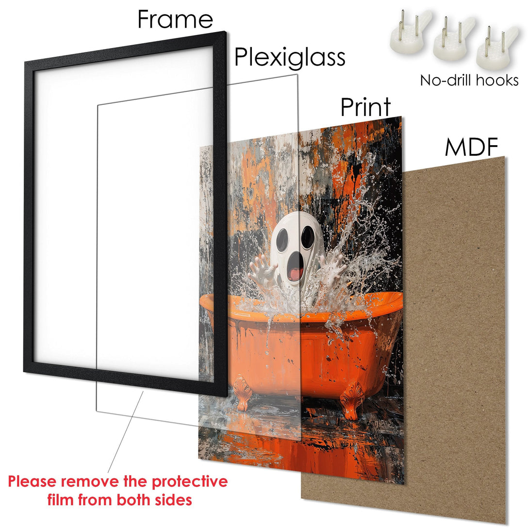 Framed Poster featuring a ghost in a bathtub, vibrant orange and black color palette, modern art style. Ready to hang!