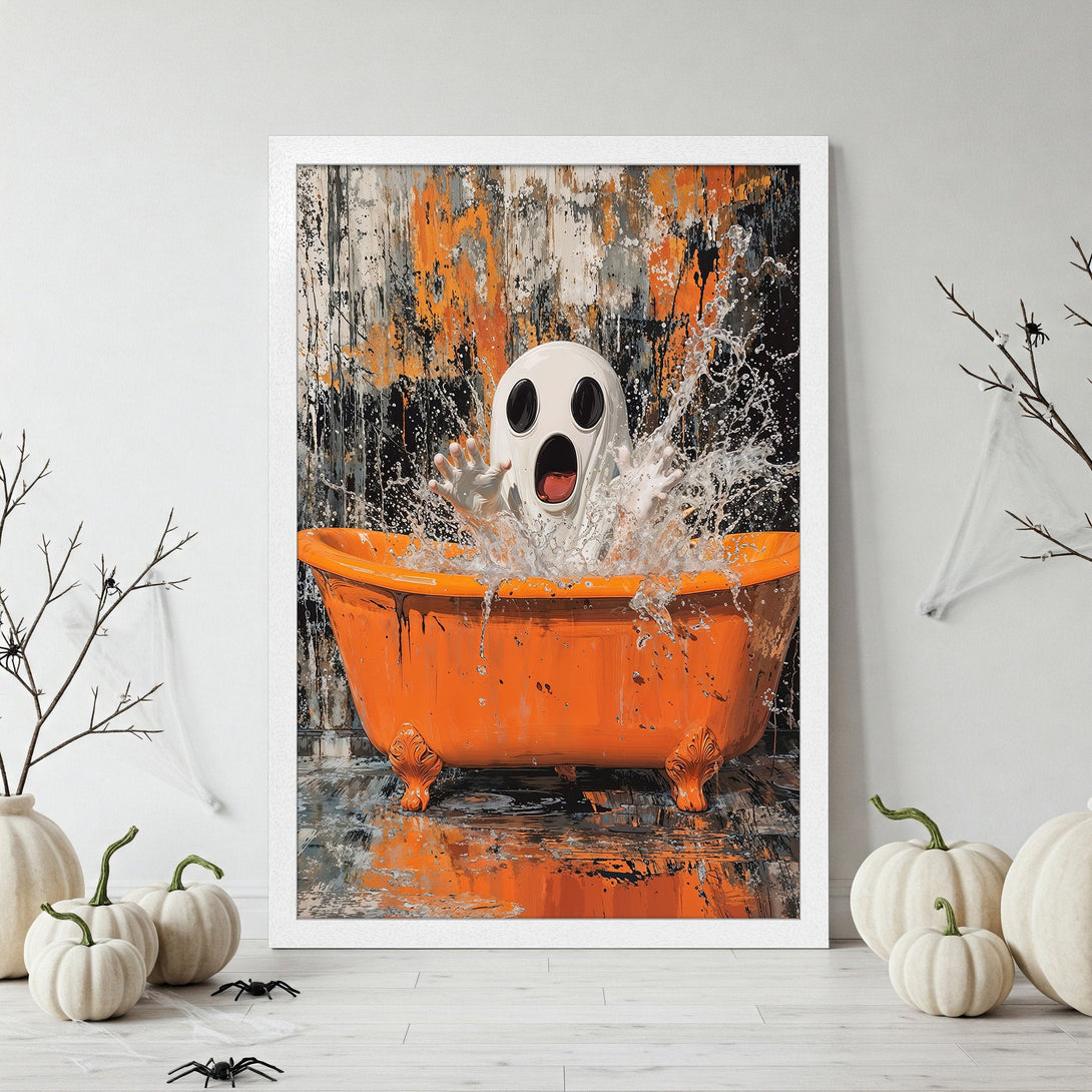 Framed Poster featuring a ghost in an orange bathtub, abstract style, with a black, orange, and white color palette. Perfect Halloween decor.