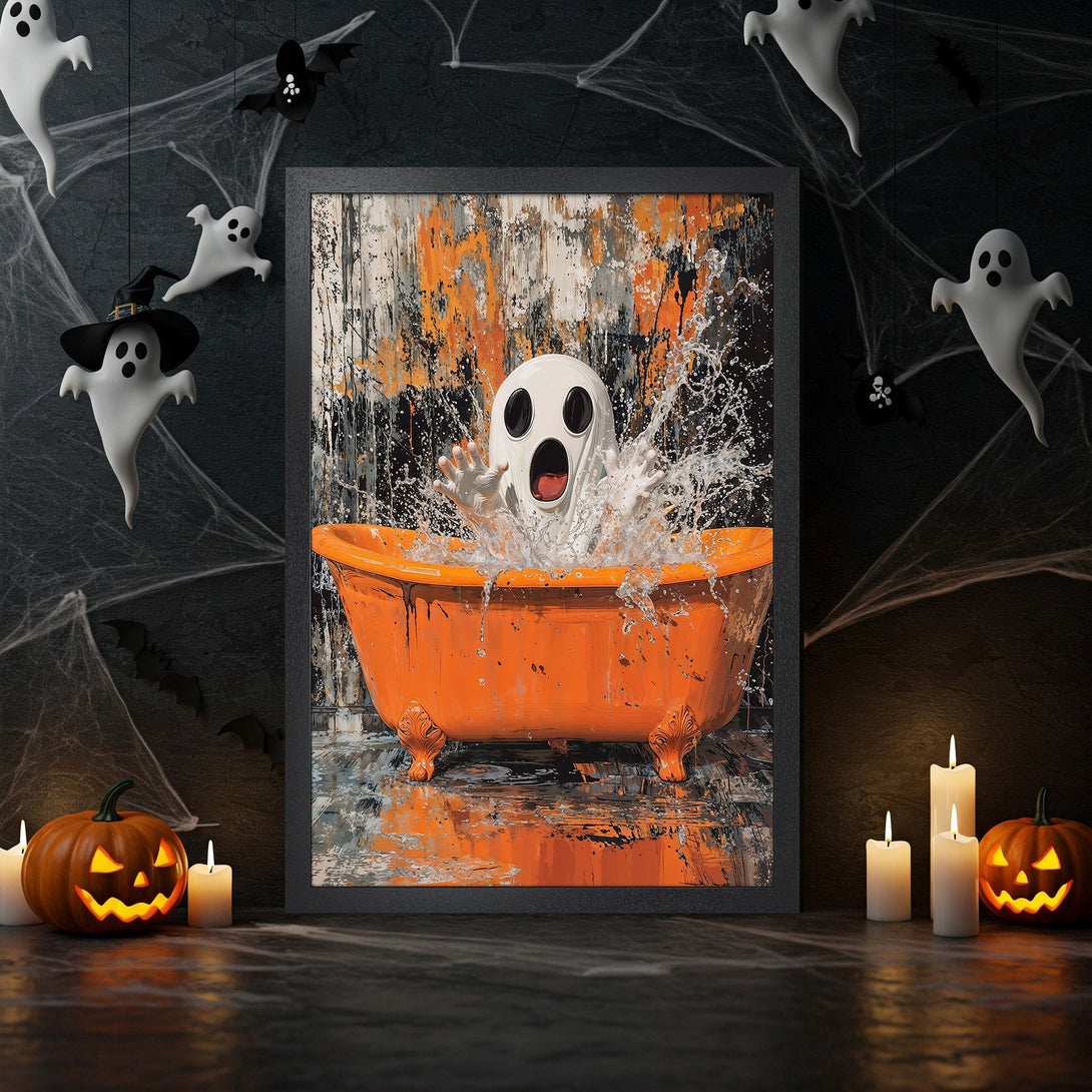 Framed Poster featuring a spooky ghost in an orange bathtub, abstract style, Halloween decor, orange, black, and white color palette.