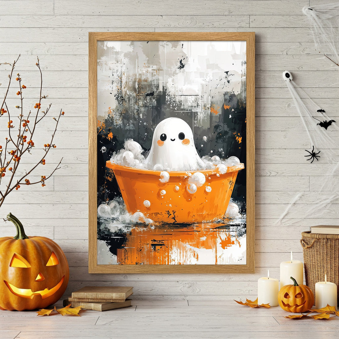 Framed Poster featuring a cute ghost in a bathtub, abstract style with orange, black, and white color palette. Perfect Halloween decor!
