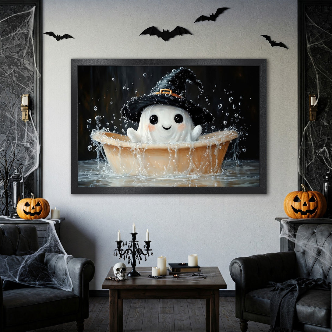 Framed Poster featuring a cute ghost in a witch hat, whimsical style, dark & orange Halloween color palette. Perfect spooky decor!