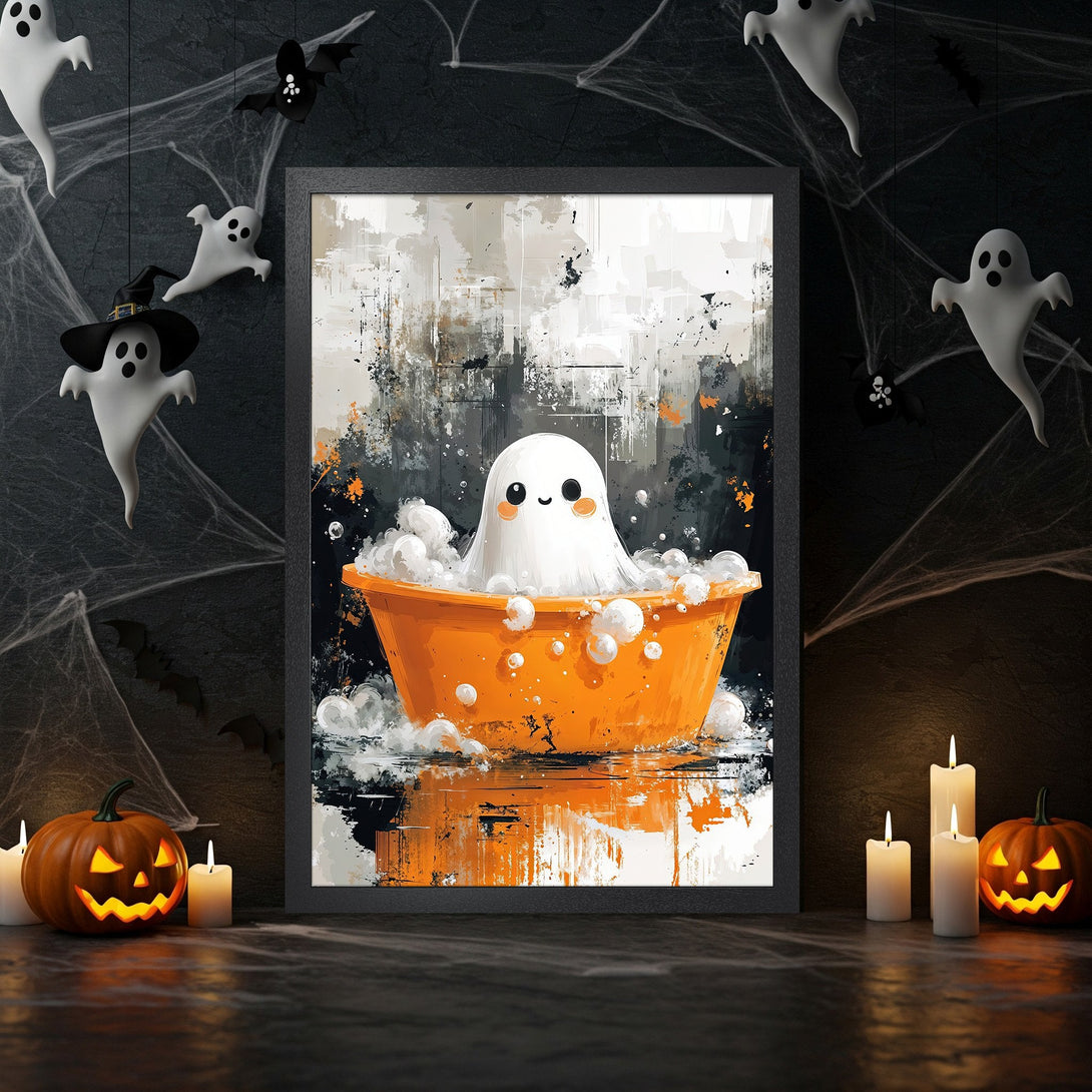 Framed Poster featuring a cute ghost in a bathtub, abstract style with orange, black, and white colors. Perfect Halloween decor!