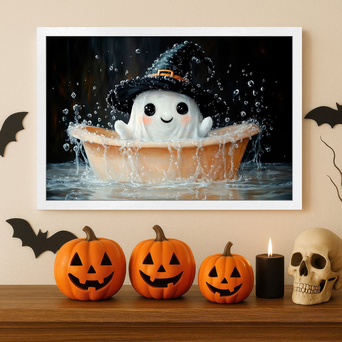 Framed Poster of a cute ghost in a witch hat, whimsical style, Halloween colors: black, orange, white. Perfect for spooky decor!
