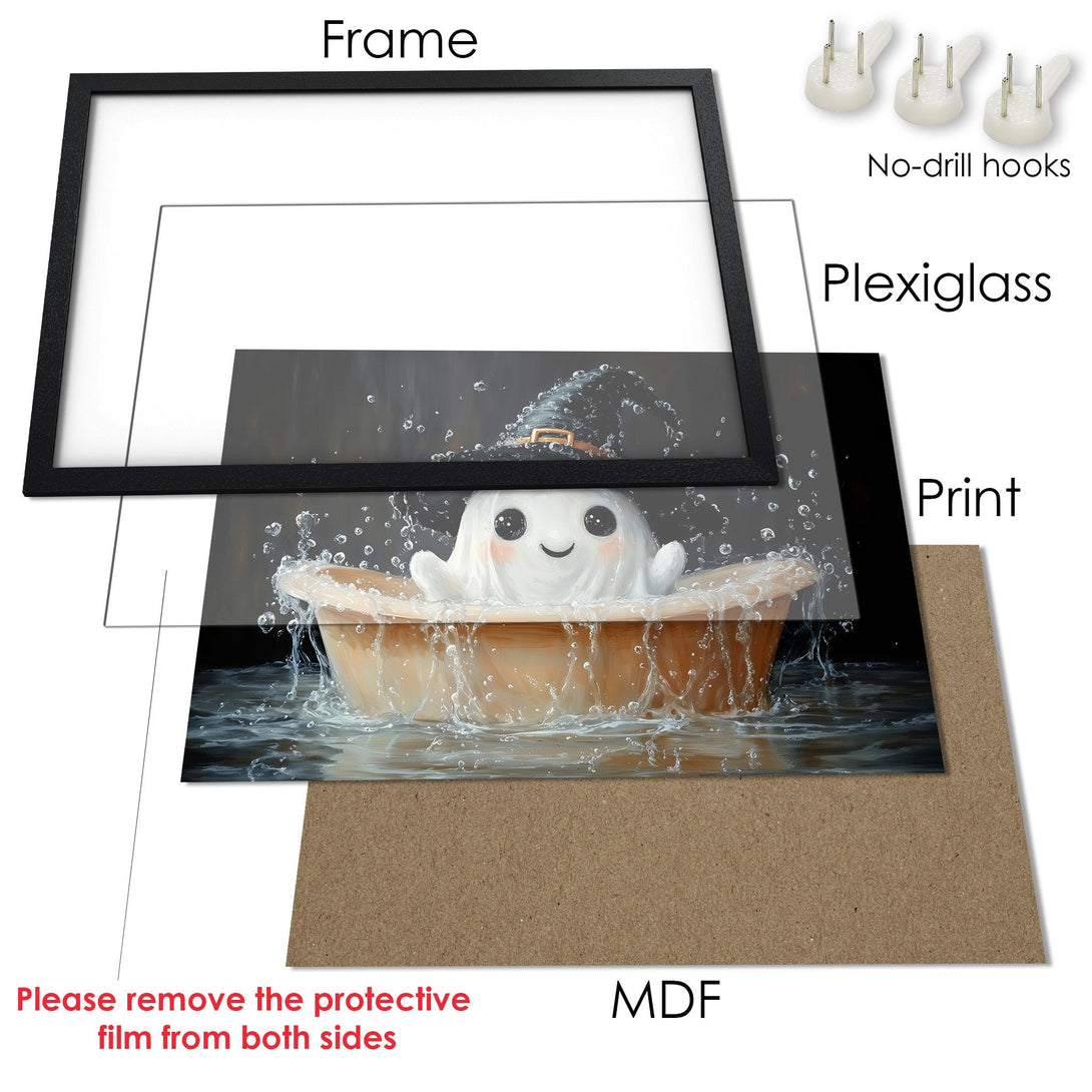 Framed Poster featuring a cute ghost in a bathtub. Whimsical style with a neutral color palette. Perfect for Halloween decor!