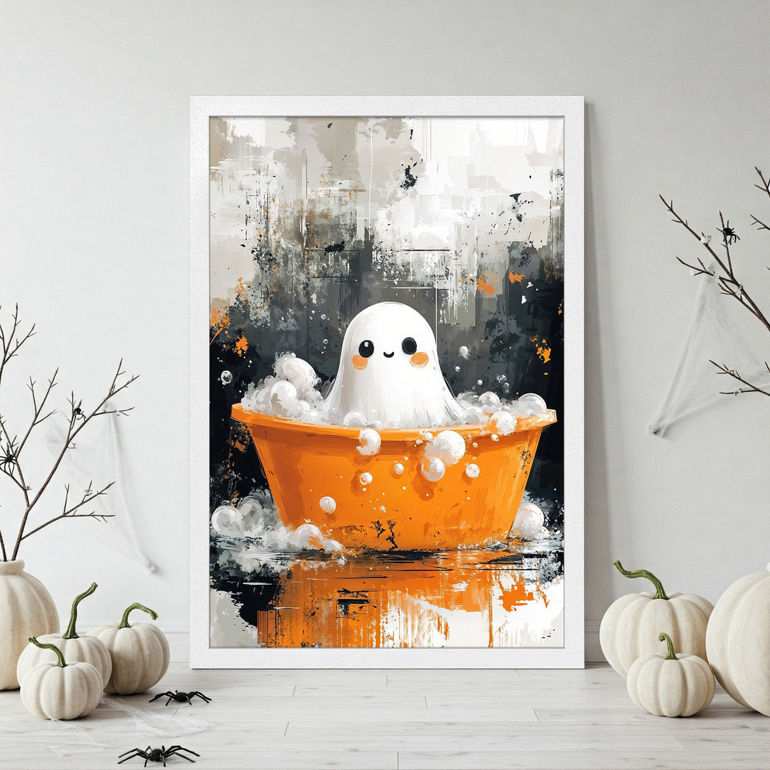Framed Poster of a cute ghost in a bath, abstract style, orange, black, and white color palette. Perfect Halloween decor!