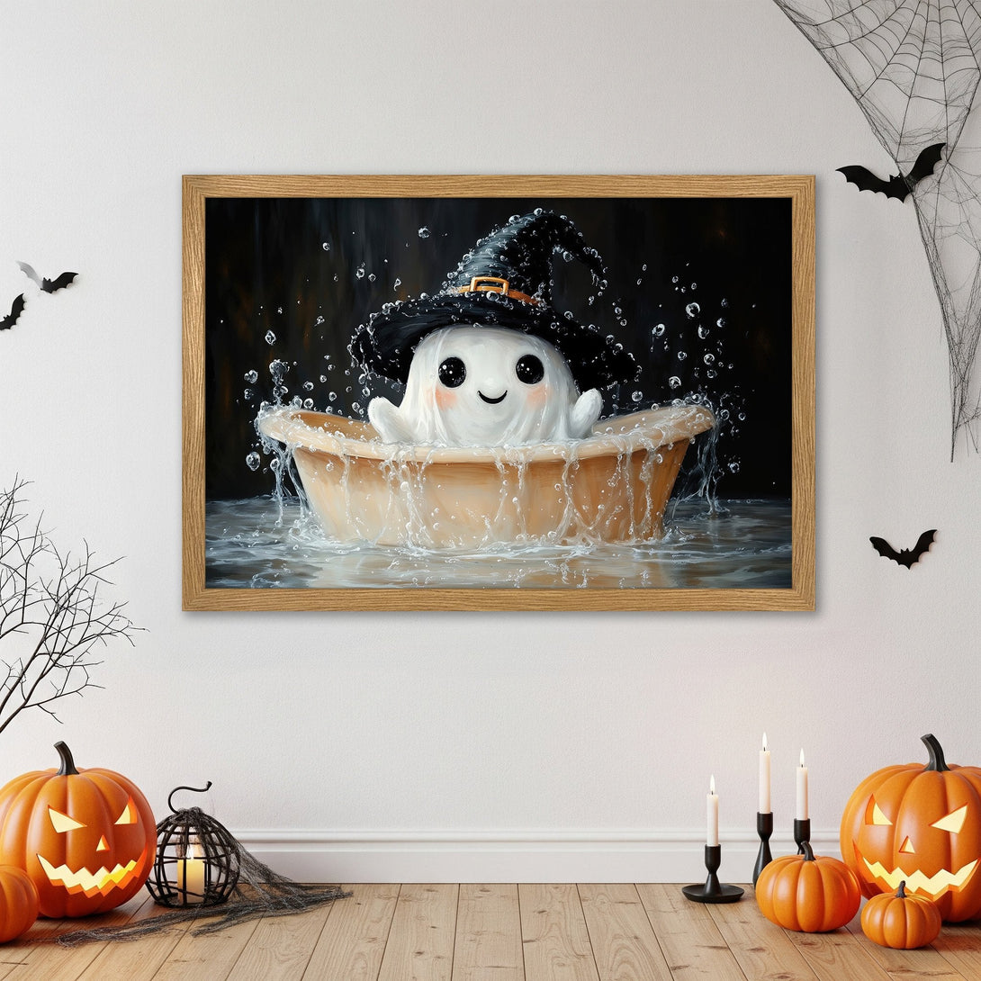 Framed Poster featuring a cute ghost in a witch hat, whimsical style, with a black, white, and orange Halloween color palette.