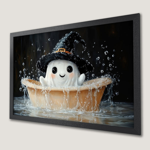 Framed Poster of a cute ghost in a witch hat taking a bath. Whimsical style with a black, white, and tan color palette. Perfect Halloween decor!