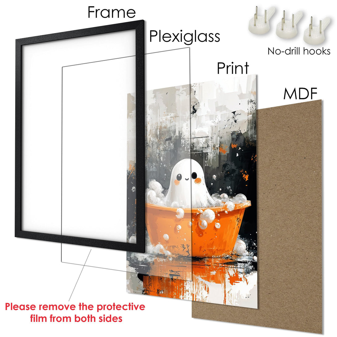 Framed Poster featuring a cute ghost in an orange tub, abstract style, with a black, white, and orange color palette. Perfect wall art!