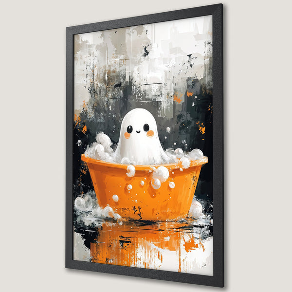 Framed Poster featuring a cute ghost in a bathtub with an abstract style and orange, black, and white color palette. Perfect for Halloween!