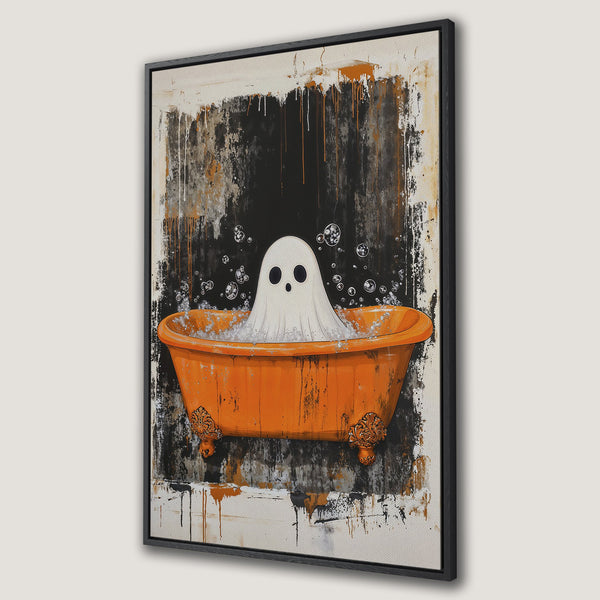 Framed Wall Art: Whimsical ghost in a bathtub. Abstract style with a black, orange, and white color palette. Perfect Halloween decor.