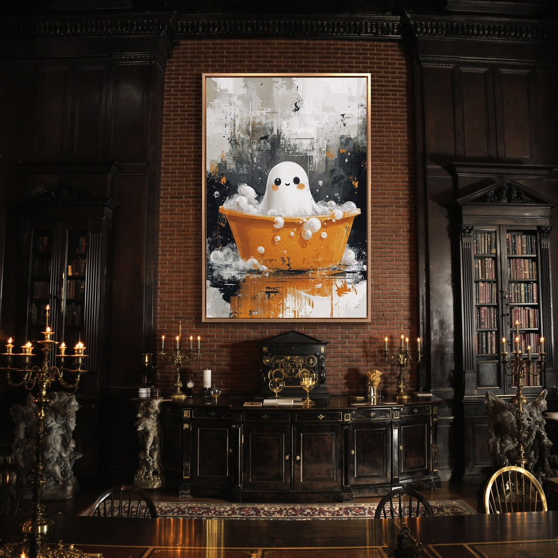 Framed Wall Art: Cute ghost in a bathtub, abstract style. Orange, black, and white color palette. Perfect for Halloween decor or a fun, modern touch.