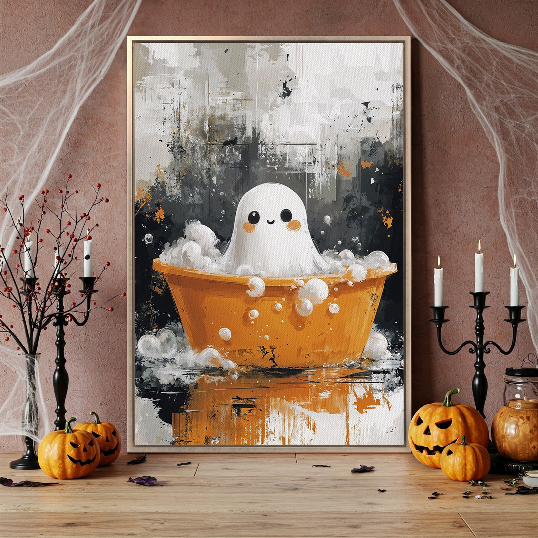 Framed Wall Art: Cute ghost in a bathtub, abstract style, Halloween decor. Featuring a black, white, and orange color palette. Perfect for spooky season!