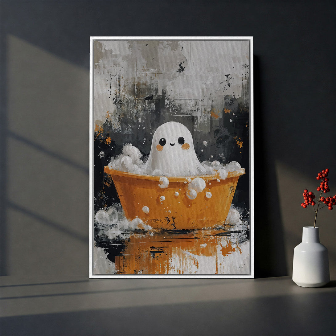 Framed Wall Art featuring a cute ghost in a bathtub, abstract style with a warm orange, gray, and black color palette. Perfect for Halloween decor!