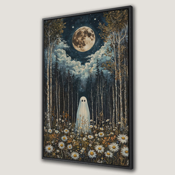Framed Wall Art featuring a whimsical ghost in a moonlit forest. Moody, painterly style with a dark blue, brown, and white color palette. Perfect for adding a touch of magic!