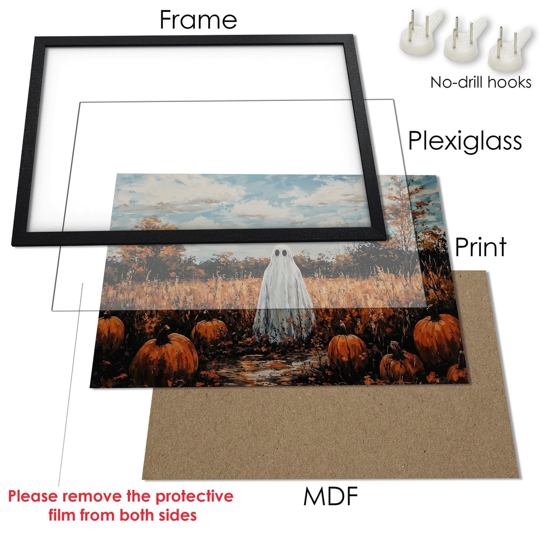 Framed Poster featuring a ghost in a field of pumpkins. Autumnal style with orange, brown, and blue hues. Perfect Halloween decor!