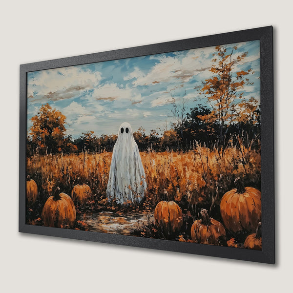 Framed Poster featuring a ghost in a field with pumpkins. Impressionistic style with orange, blue, and brown hues.