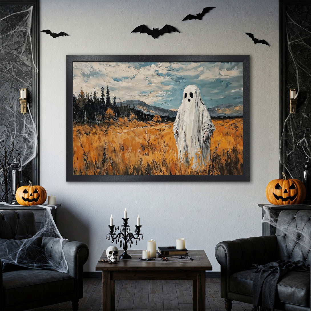 Framed Poster featuring a ghost in a field, painted in a textured style with a warm, autumnal color palette. Perfect Halloween decor!