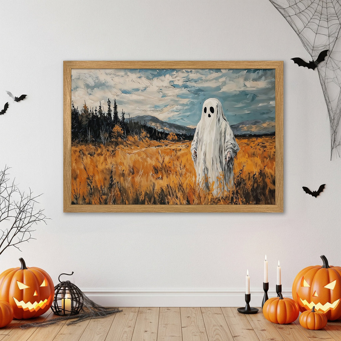 Framed Poster of a ghost in a field, impressionist style, warm orange and blue color palette. Perfect Halloween decor!