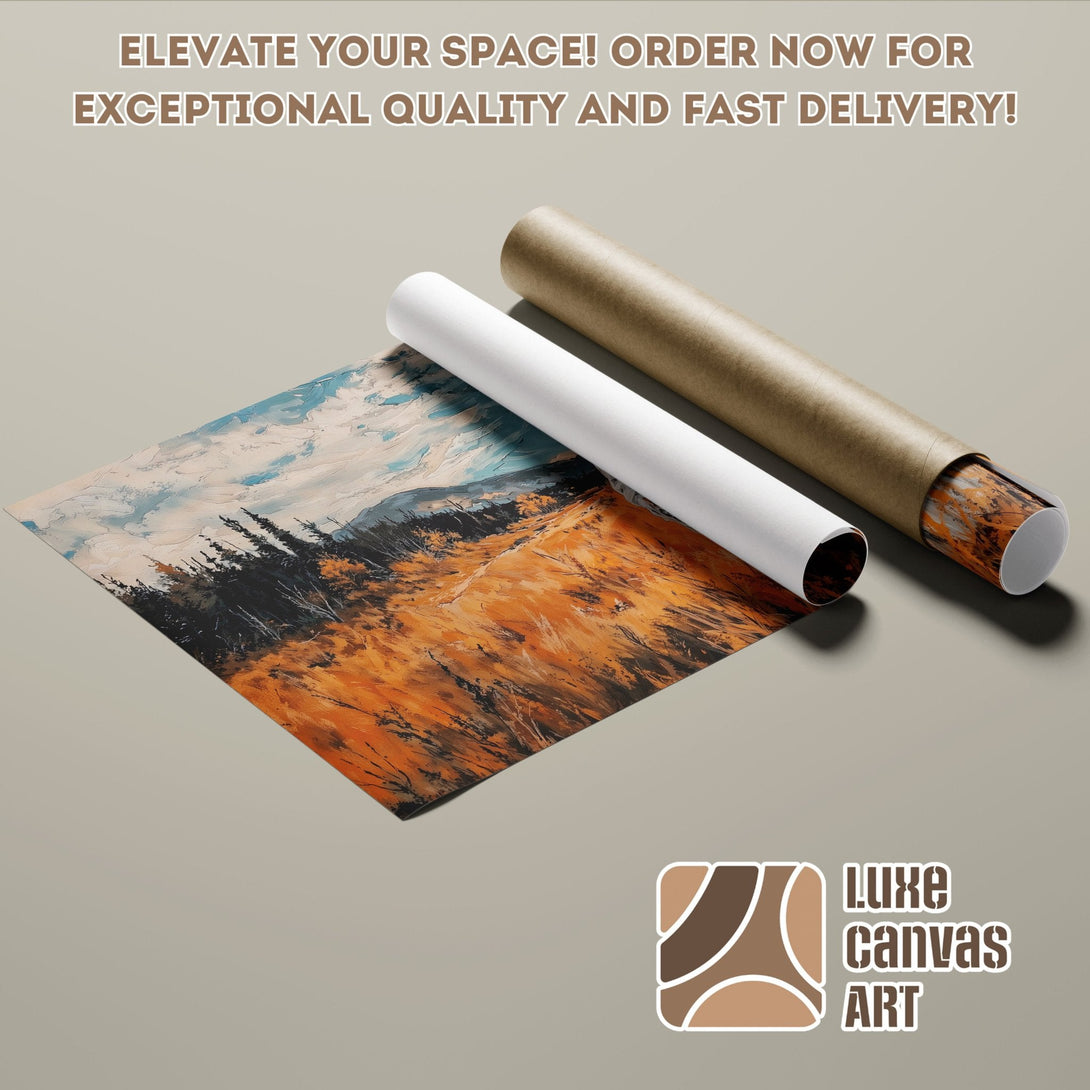 Abstract landscape Poster Roll in warm orange and blue tones. Elevate your space today!
