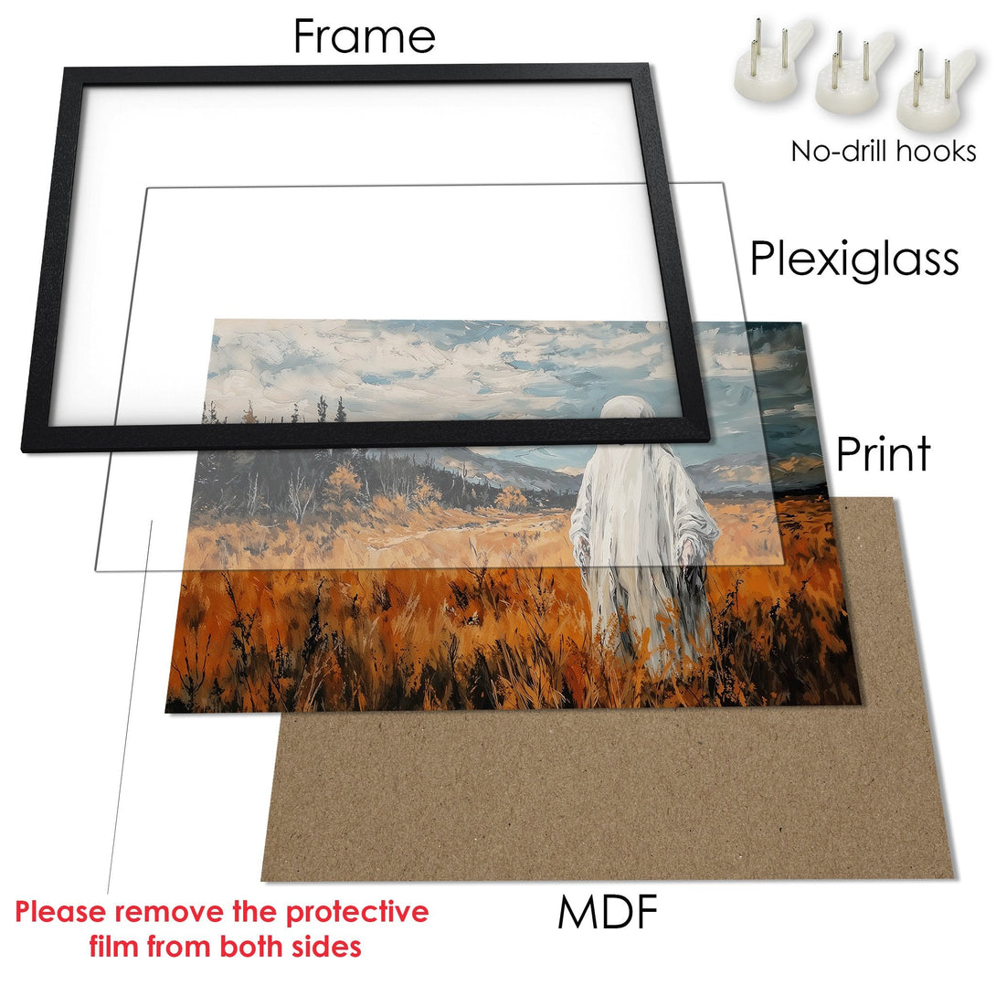 Framed Poster featuring a figure in a field, impressionistic style with warm orange and cool blue tones. Perfect wall art!