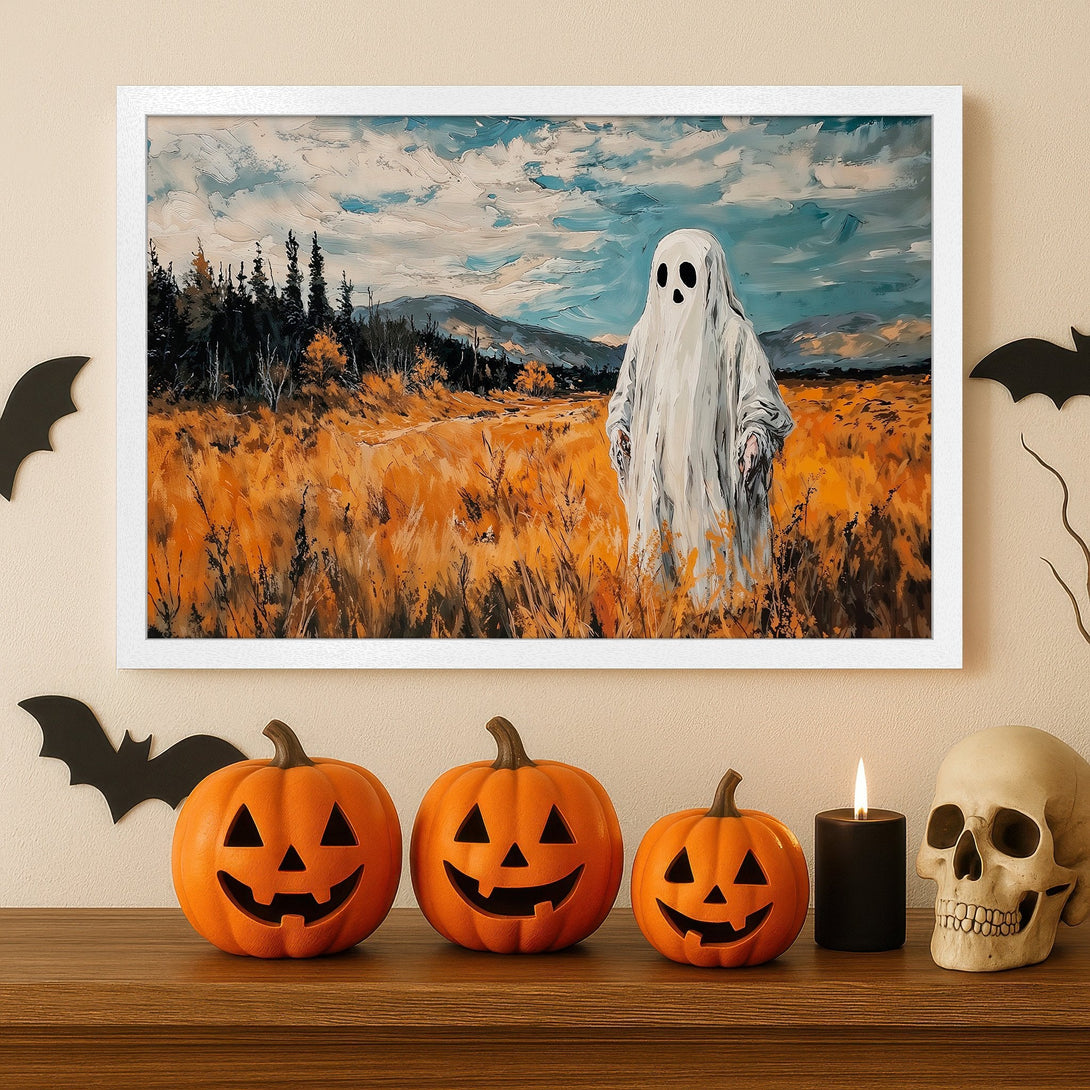 Framed Poster featuring a ghost in a field, impressionistic style with orange, blue, and white color palette. Perfect Halloween decor!