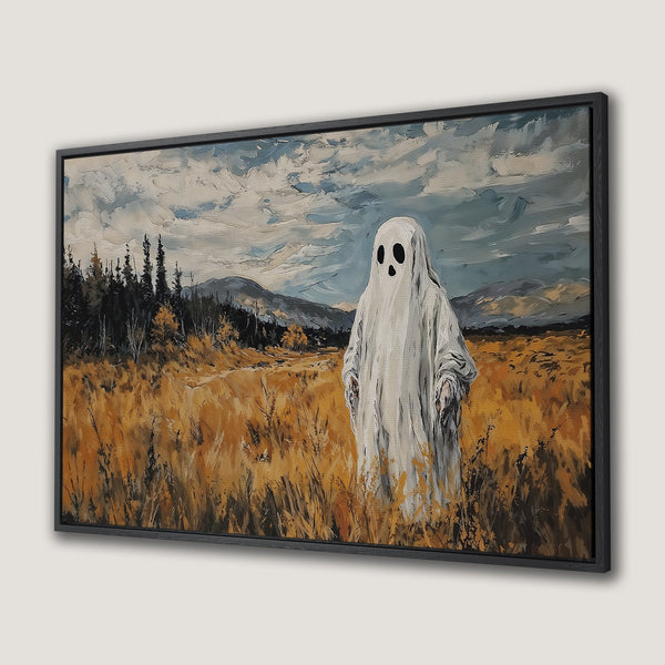 Framed Wall Art: Spooky ghost in a field painting with a moody, impressionistic style and a muted, earthy color palette. Perfect for adding character to your space.