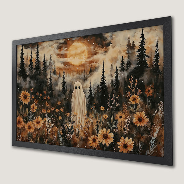 Framed Poster: Watercolor ghost in forest with sunflowers, warm autumn color palette. Perfect Halloween decor!