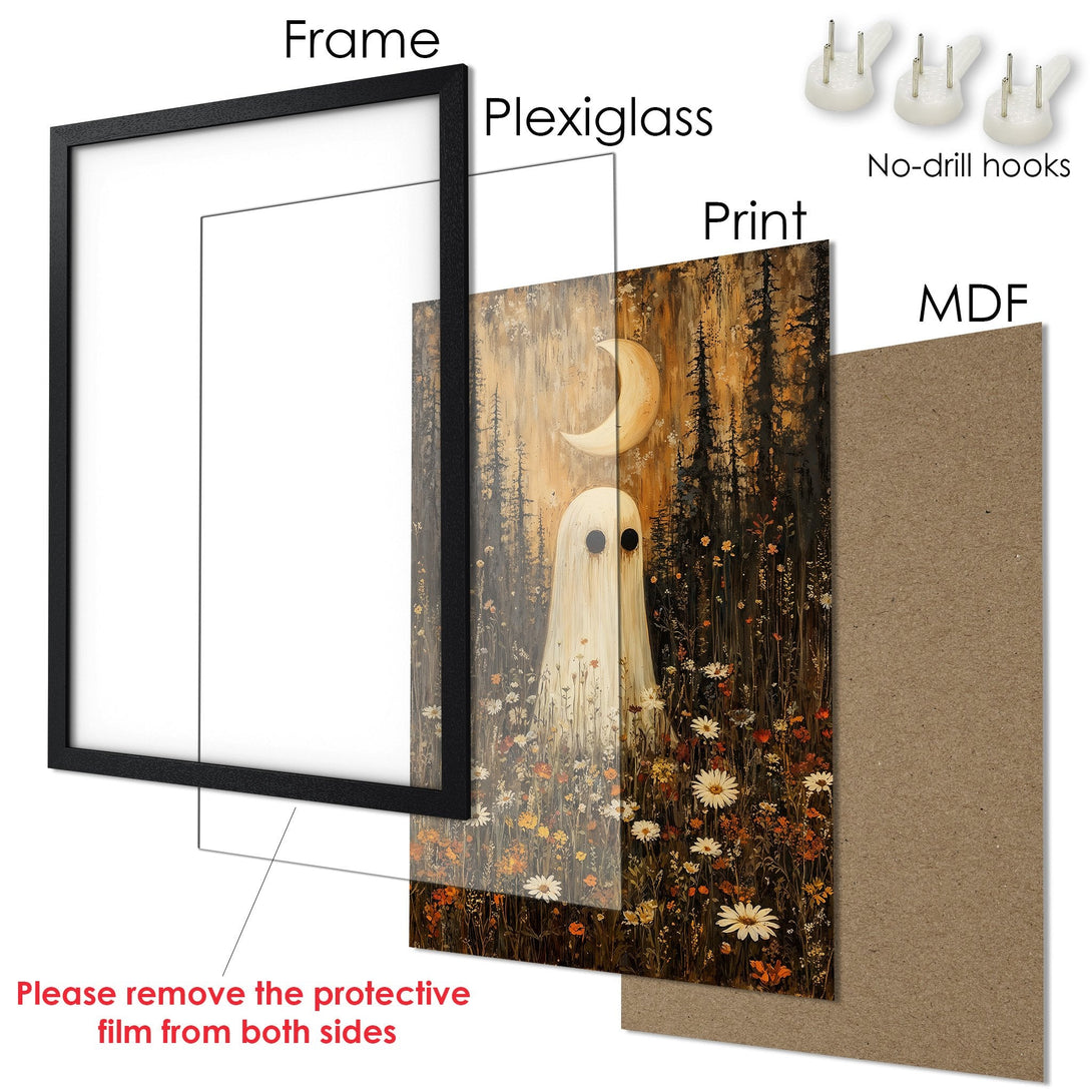 Framed Poster featuring a whimsical ghost in a forest scene with a warm, earthy color palette. Perfect wall art.
