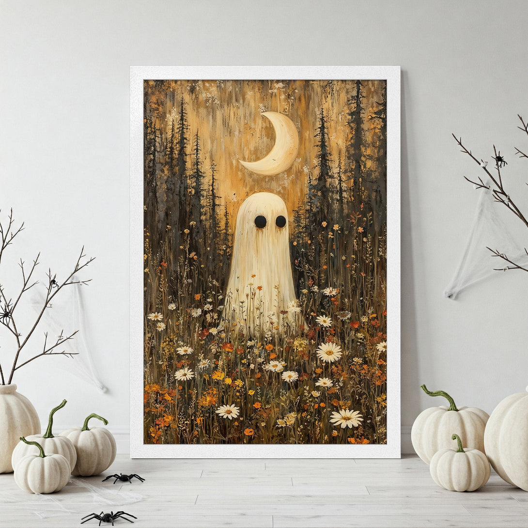 Framed Poster featuring a whimsical ghost in a field with a moon, in a warm, autumnal color palette. Perfect Halloween decor!