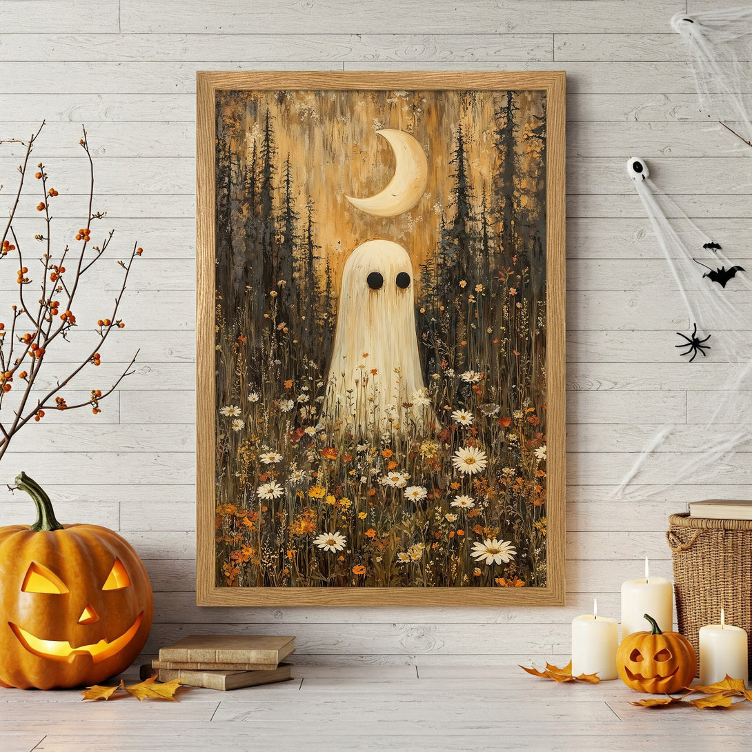 Framed Poster featuring a whimsical ghost in a forest, warm color palette perfect for Halloween decor.