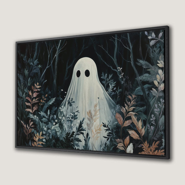 Framed Wall Art: Spooky ghost in a dark forest. Moody, painterly style with a muted color palette of greens, browns, and blacks. Perfect Halloween decor!