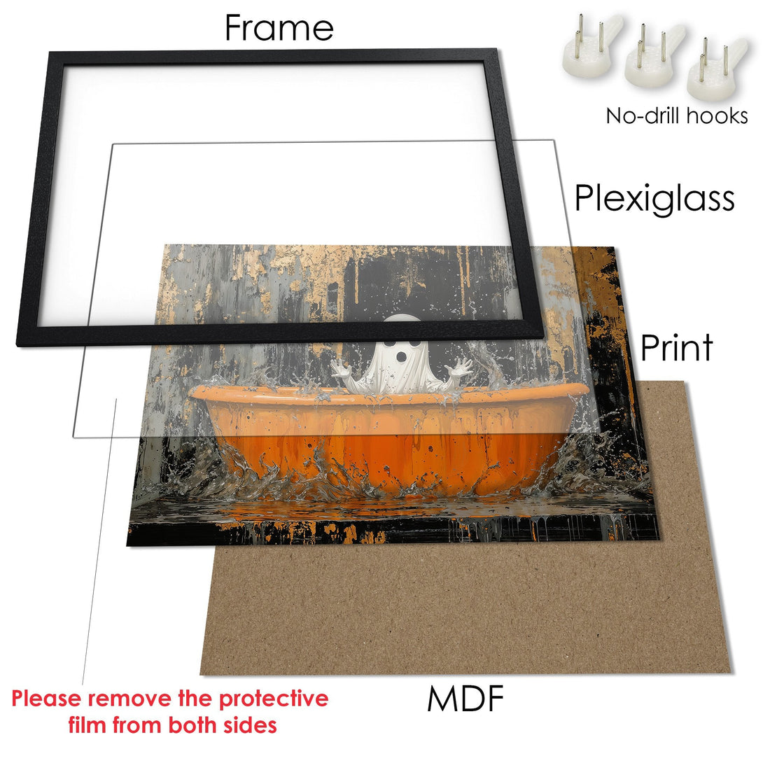 Framed Poster featuring a ghost in an orange bathtub. Modern art style with a black, orange, and gray color palette. Perfect for Halloween!