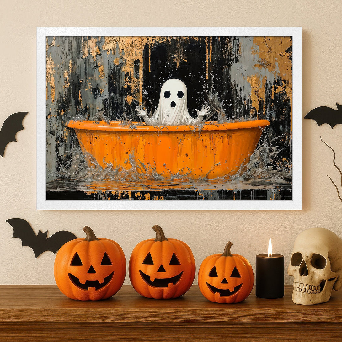 Framed Poster featuring a ghost in an orange bathtub, abstract style, black, gold, and orange color palette, perfect for Halloween decor.