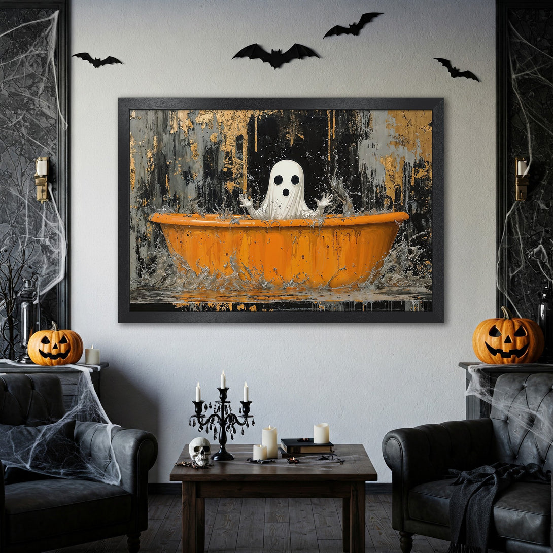 Framed Poster featuring a ghost in a bathtub, Halloween art, black & gold color palette, perfect spooky decor.