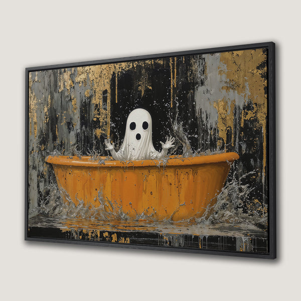 Framed Wall Art: Whimsical ghost in a bathtub. Modern abstract style with gold, black, and orange color palette. Perfect for unique home decor.