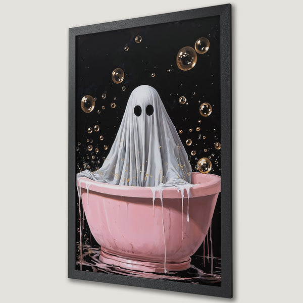 Framed Poster featuring a whimsical ghost in a bathtub with bubbles, in a dark, moody style with pink and gold accents.