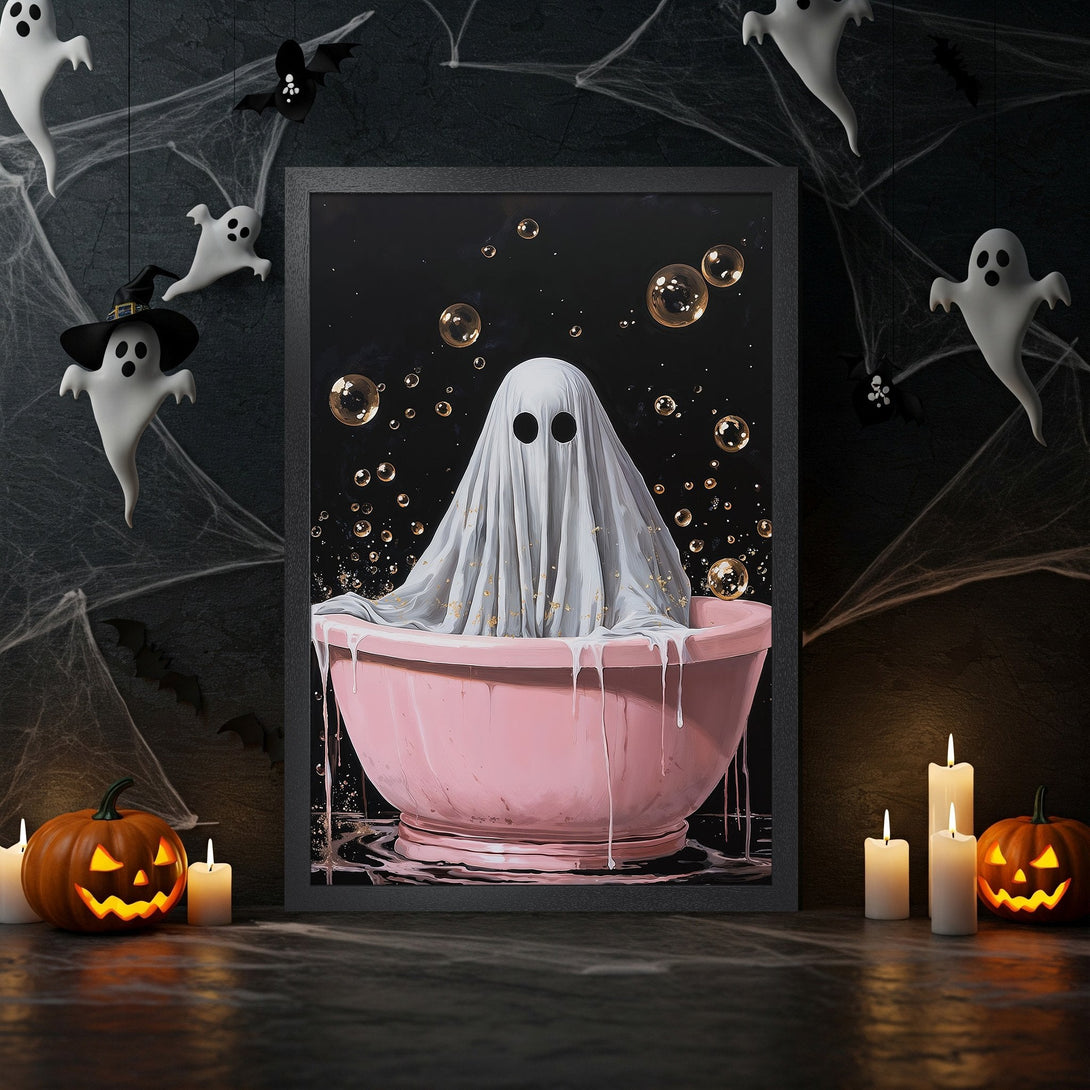 Framed Poster: Halloween ghost in pink bathtub art print, dark style with black, pink, and gold color palette. Spooky decor.