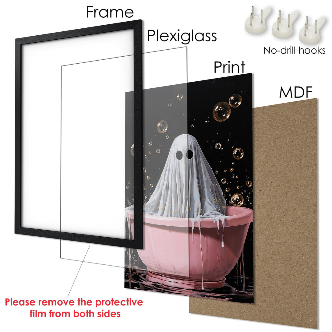 Framed Poster featuring a ghost in a bathtub, whimsical style, with a black, pink, and gold color palette. Perfect wall art!