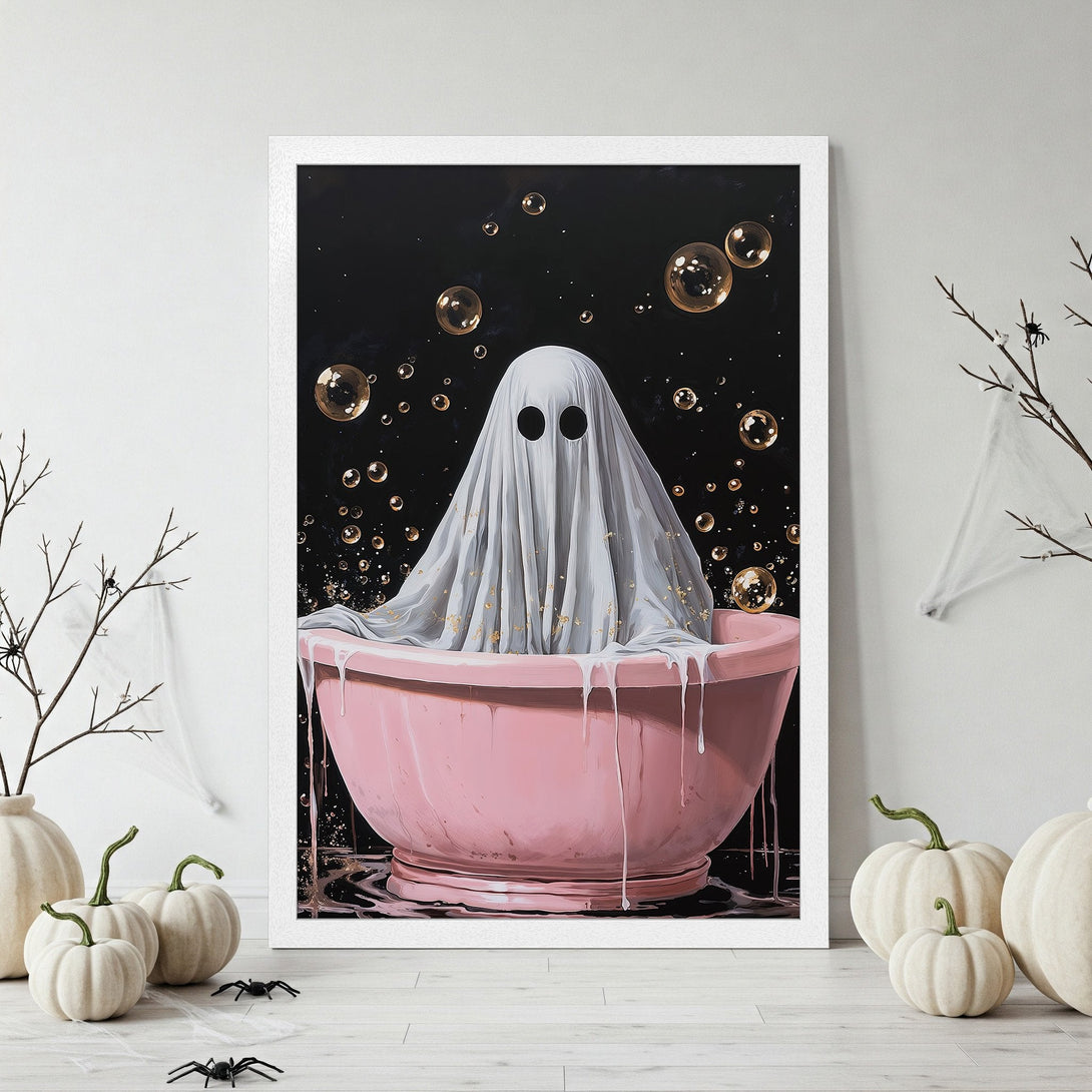 Framed Poster of a ghost in a bathtub, whimsical style, black, pink, and gold color palette. Perfect Halloween decor!