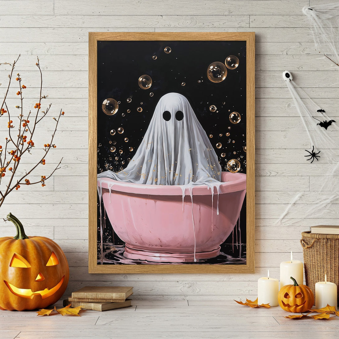 Framed Poster of a ghost in a bathtub. Whimsical art with a black, pink & gold color palette. Perfect Halloween decor!