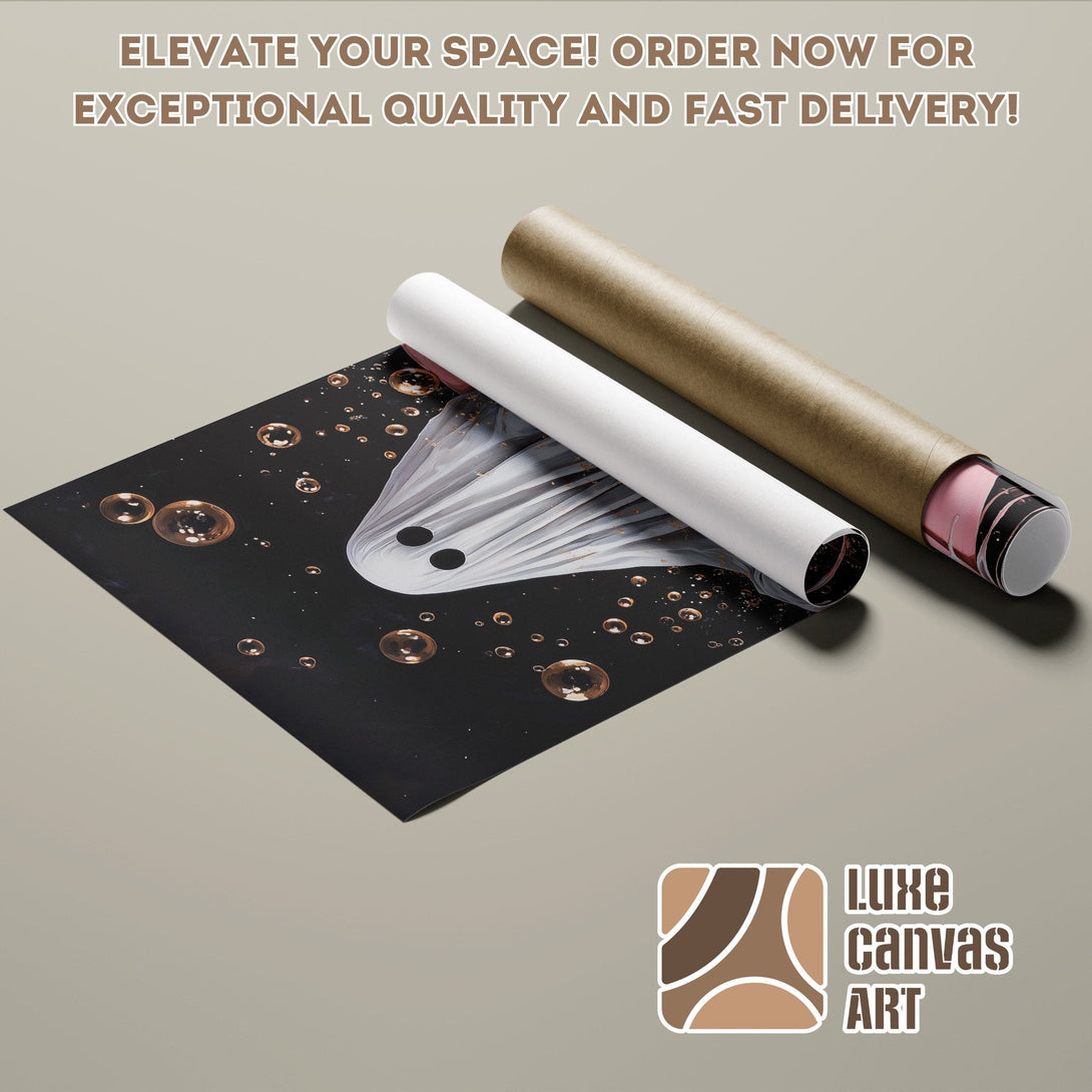Poster Roll with a whimsical ghost design in black and gold. Modern art with a neutral color palette.