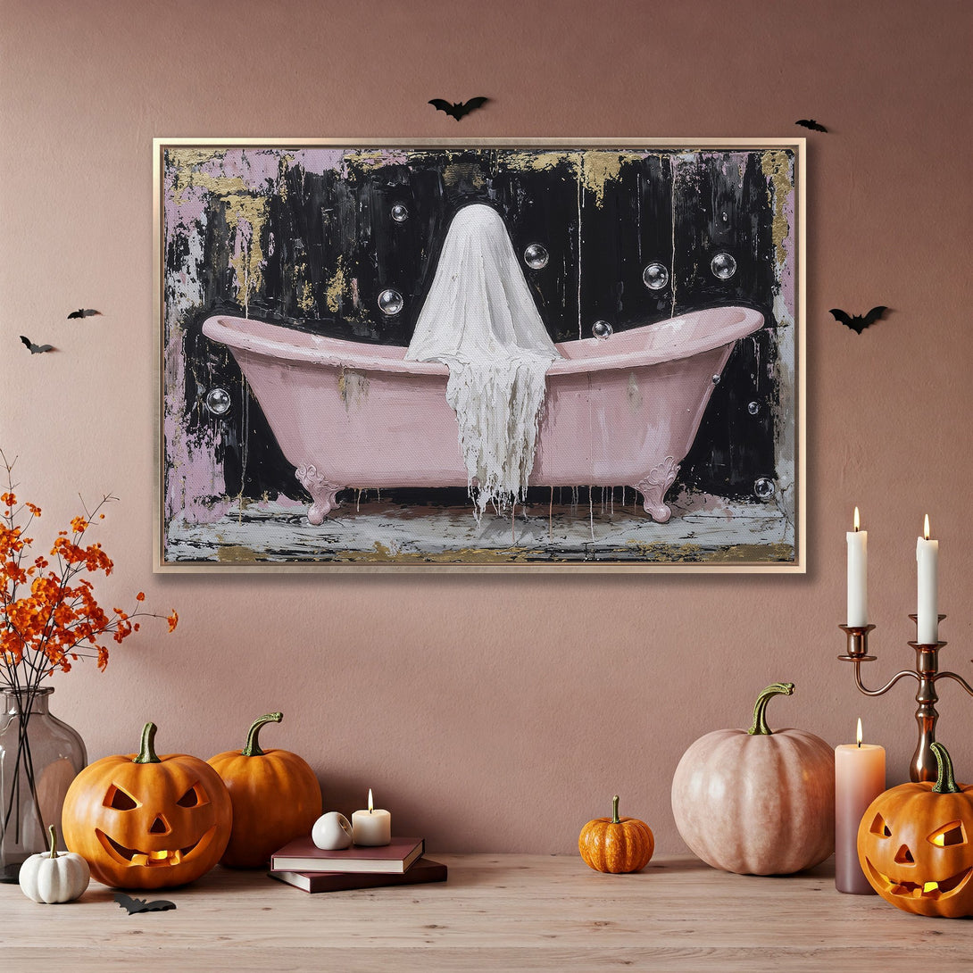 Framed Wall Art: Spooky Halloween canvas print featuring a pink bathtub with a ghost, abstract style, and a black, gold, and pink color palette.