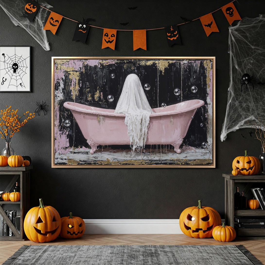 Framed Wall Art featuring a pink bathtub with a ghost, abstract style, and a black, gold, and pink color palette, perfect for Halloween decor.