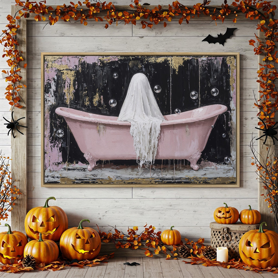 Framed Wall Art: Spooky ghost in pink bathtub, abstract style, black, pink, and gold color palette, perfect for Halloween decor.