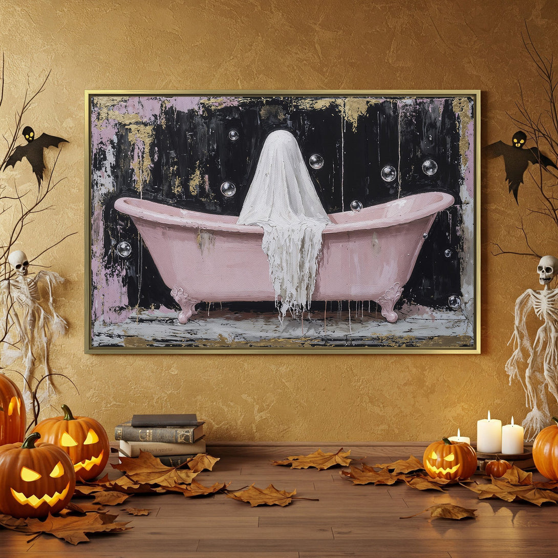 Halloween-themed Canvas Print featuring a pink bathtub with a ghost, set in a spooky interior. Dark, moody color palette with orange and black accents.