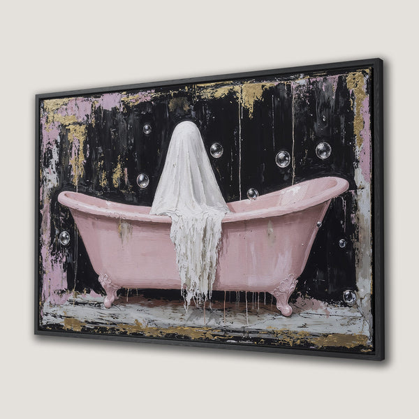 Framed Wall Art: Abstract painting of a pink bathtub with a white cloth, black, gold, and pink palette. Modern art for your home.