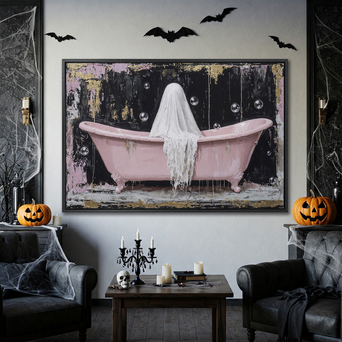 Framed Wall Art: Spooky Halloween art featuring a pink bathtub with a ghost, black, gold, and pink color palette. Perfect for a haunted home!