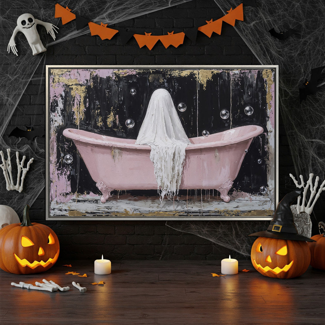 Framed Wall Art: Spooky Halloween art featuring a pink bathtub with a ghost, abstract style, black, gold, and pink color palette. Perfect for Halloween decor!