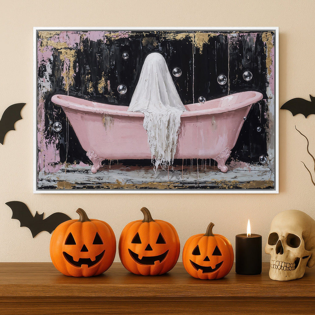 Framed Wall Art: Spooky abstract painting of a pink bathtub with a ghost, in a black, gold, and pink color palette. Perfect Halloween decor!