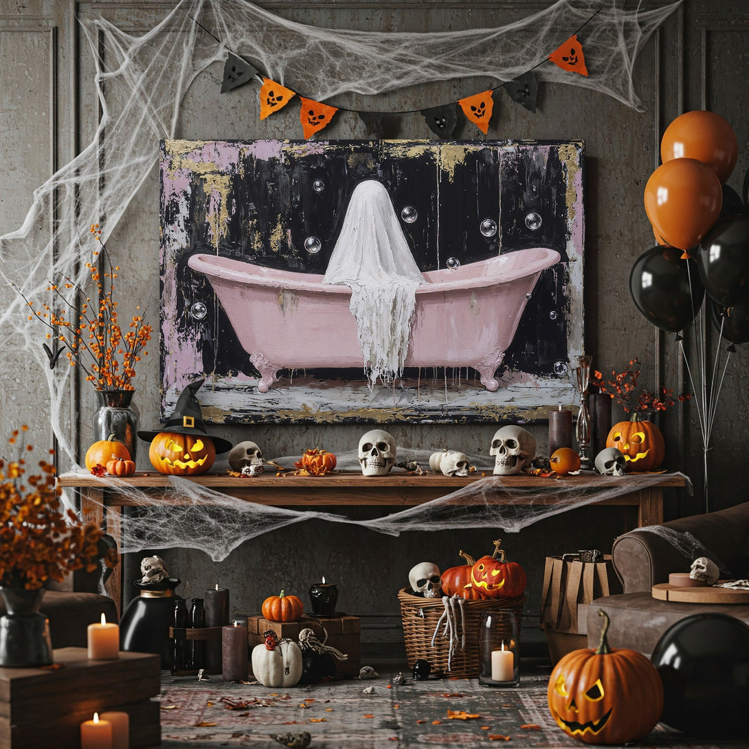 Framed Wall Art: Spooky Halloween scene with a pink bathtub and ghost. Abstract style with black, gold, and pink palette. Perfect for seasonal decor!